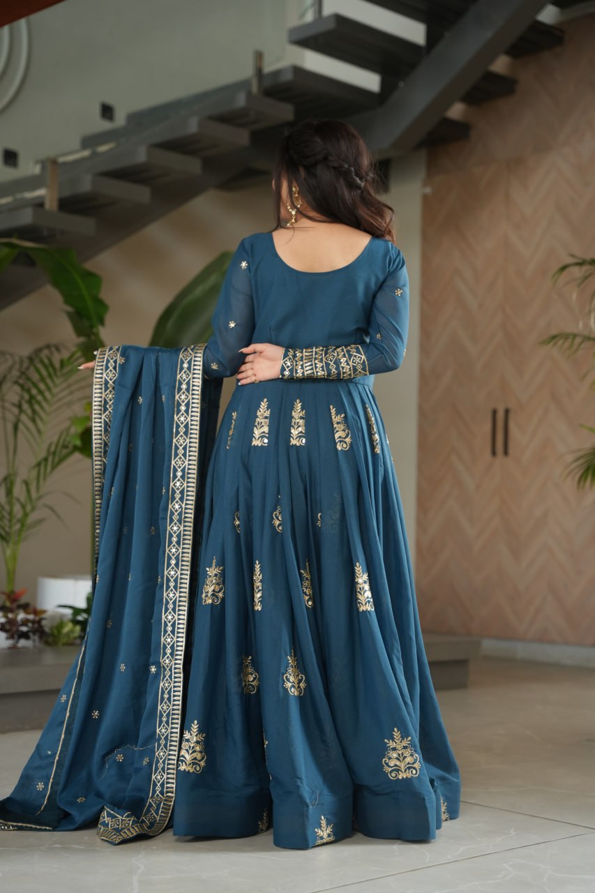 Wedding Wear Teal Color Sequins-Multi And Beads Embroidered Work Gown