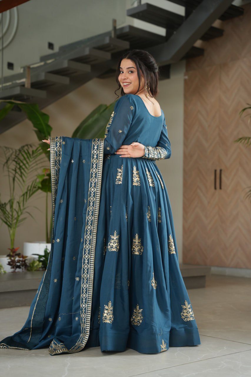 Wedding Wear Teal Color Sequins-Multi And Beads Embroidered Work Gown