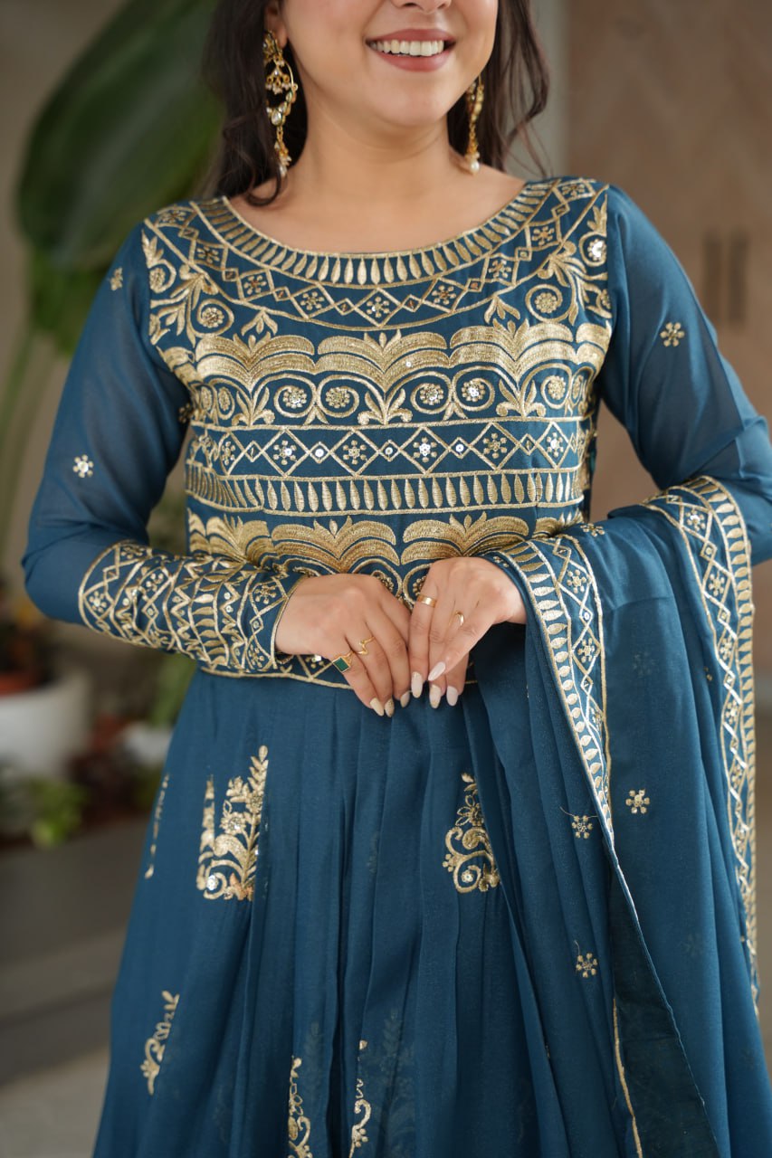 Wedding Wear Teal Color Sequins-Multi And Beads Embroidered Work Gown