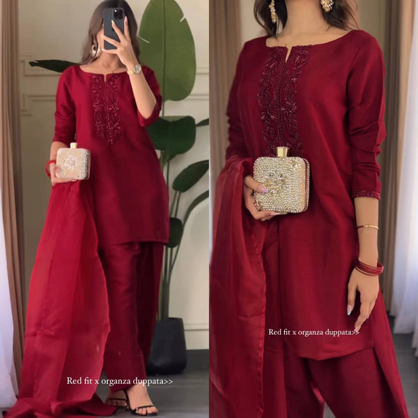 Occasion Wear Red Color Heavy Natural Crepe Silk With Bids Hand Work Salwar Suit