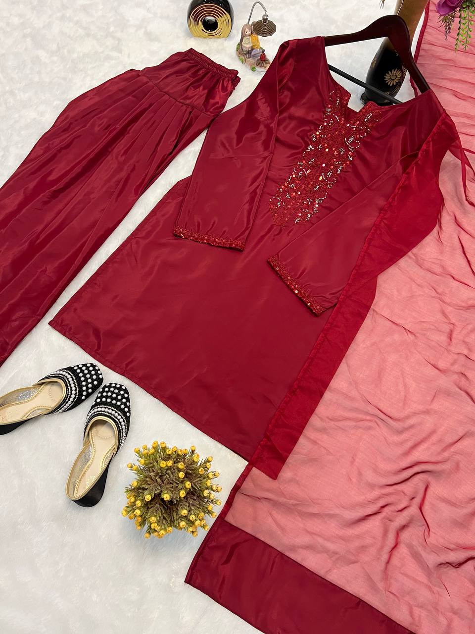 Occasion Wear Red Color Heavy Natural Crepe Silk With Bids Hand Work Salwar Suit