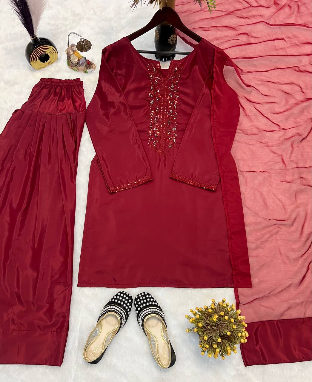 Occasion Wear Red Color Heavy Natural Crepe Silk With Bids Hand Work Salwar Suit