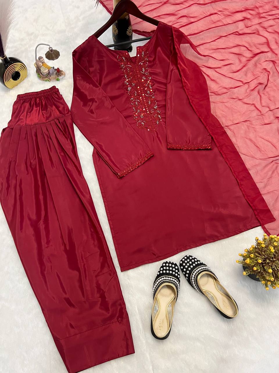 Occasion Wear Red Color Heavy Natural Crepe Silk With Bids Hand Work Salwar Suit