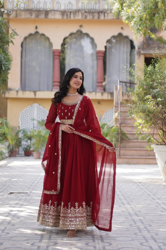 Demanding Maroon Color Faux Blooming With Embroidery Zari Sequins Work Designer Gown