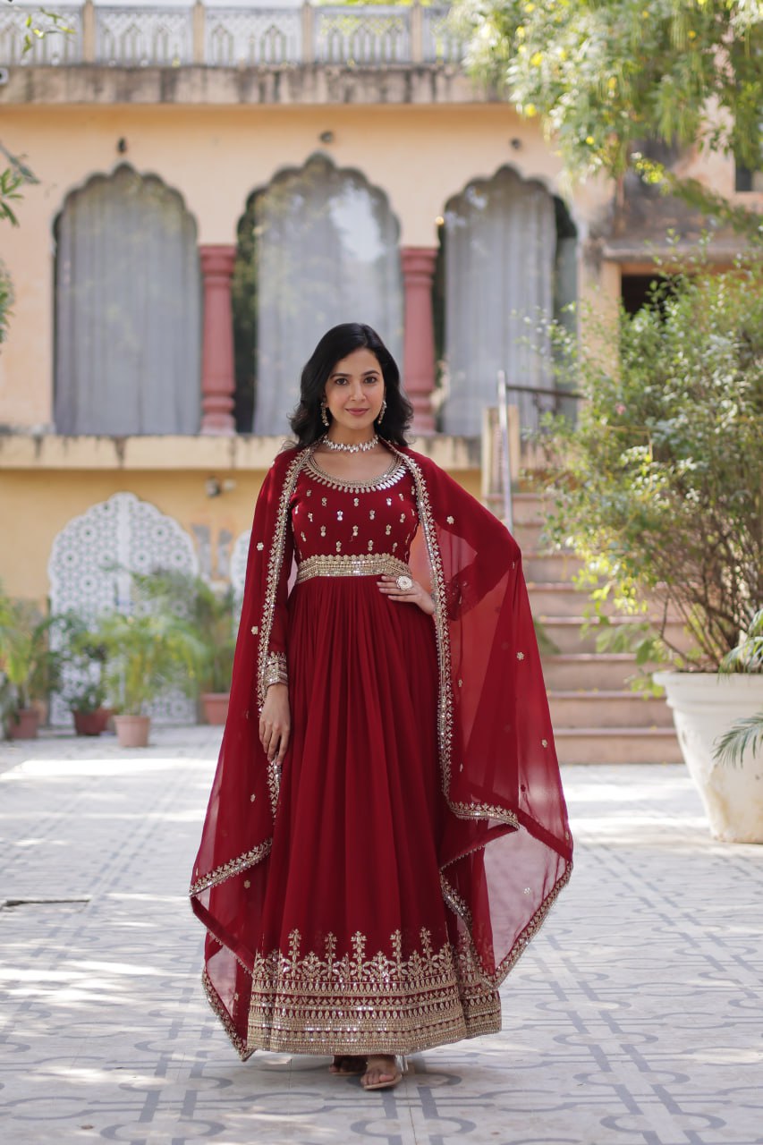 Demanding Maroon Color Faux Blooming With Embroidery Zari Sequins Work Designer Gown