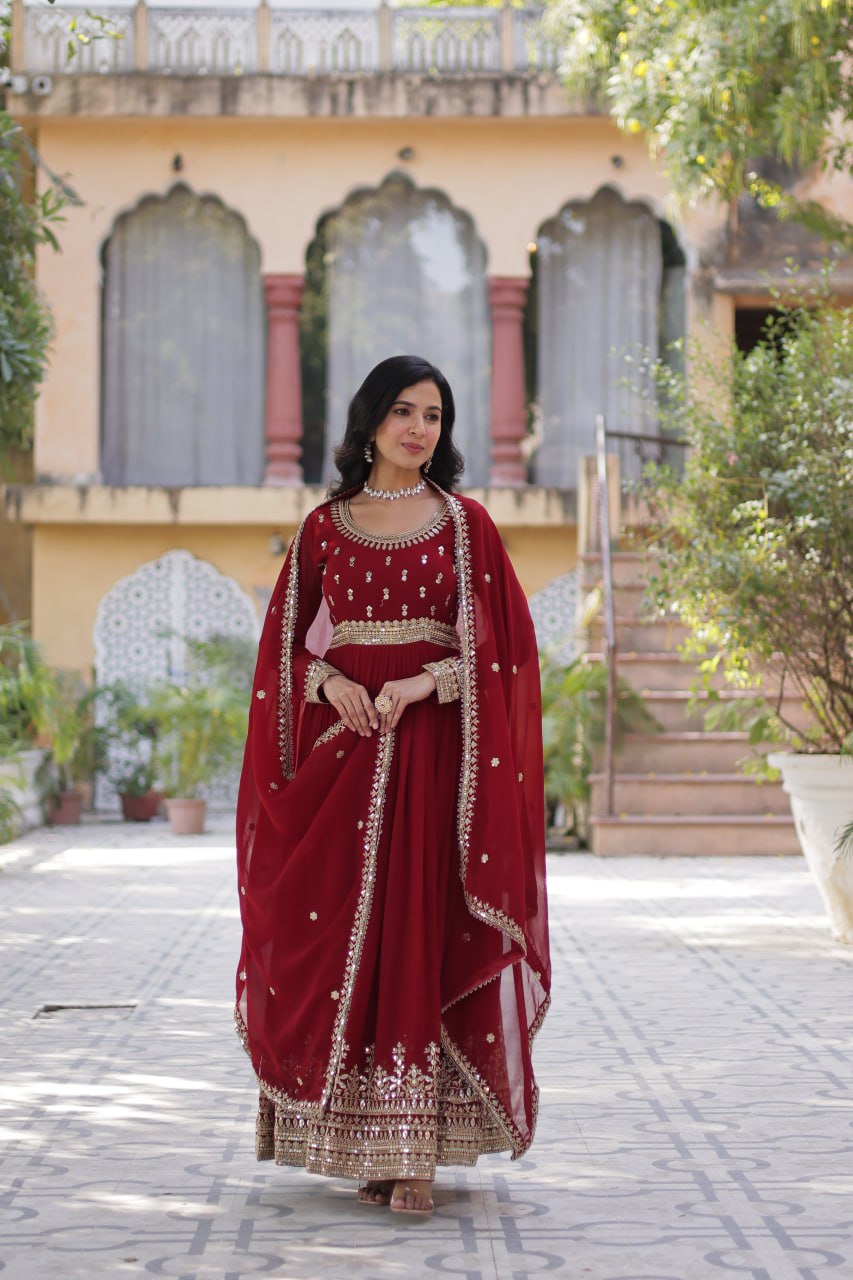 Demanding Maroon Color Faux Blooming With Embroidery Zari Sequins Work Designer Gown