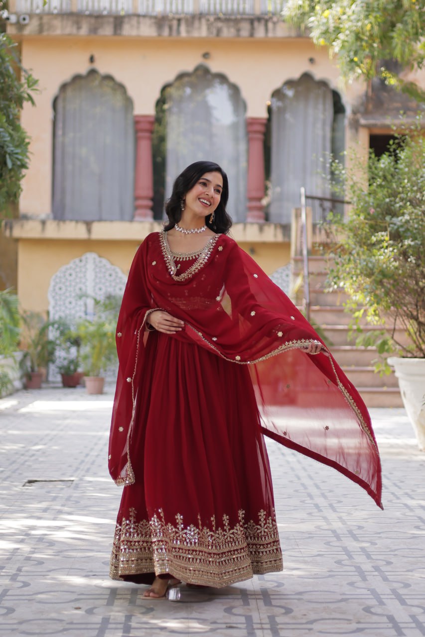 Demanding Maroon Color Faux Blooming With Embroidery Zari Sequins Work Designer Gown