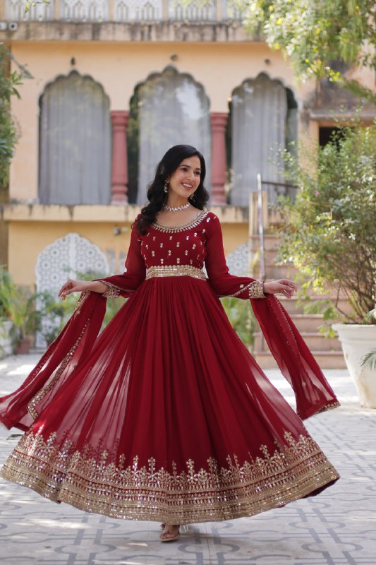 Demanding Maroon Color Faux Blooming With Embroidery Zari Sequins Work Designer Gown