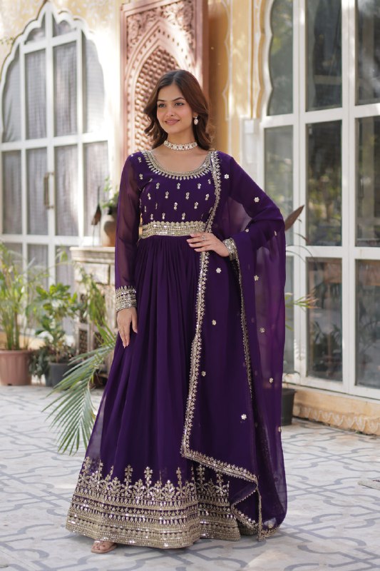 Demanding Purple Color Faux Blooming With Embroidery Zari Sequins Work Designer Gown