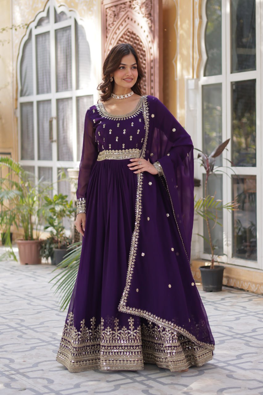 Demanding Purple Color Faux Blooming With Embroidery Zari Sequins Work Designer Gown