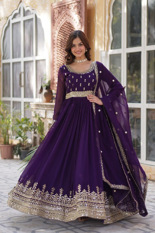 Demanding Purple Color Faux Blooming With Embroidery Zari Sequins Work Designer Gown