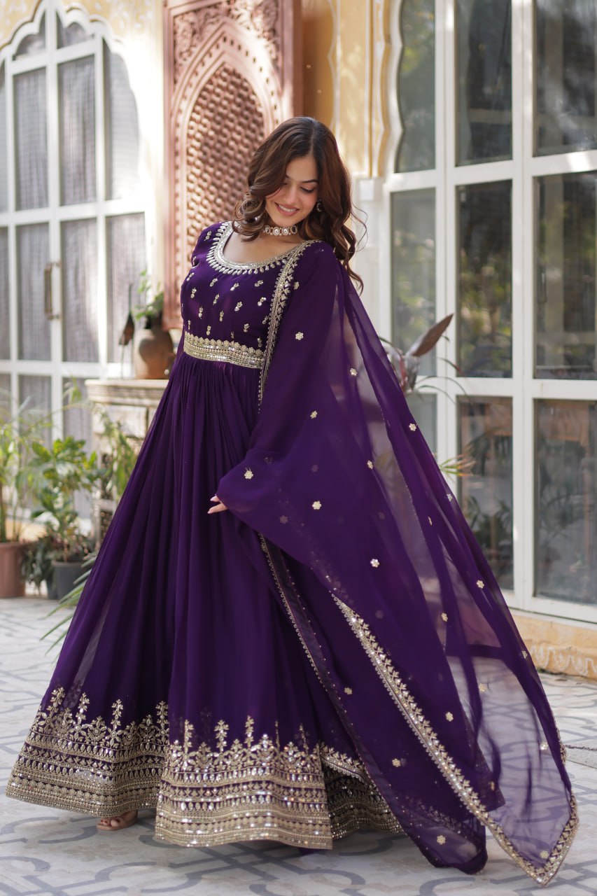 Demanding Purple Color Faux Blooming With Embroidery Zari Sequins Work Designer Gown