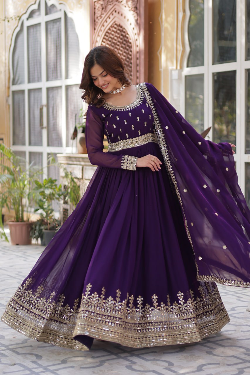 Demanding Purple Color Faux Blooming With Embroidery Zari Sequins Work Designer Gown