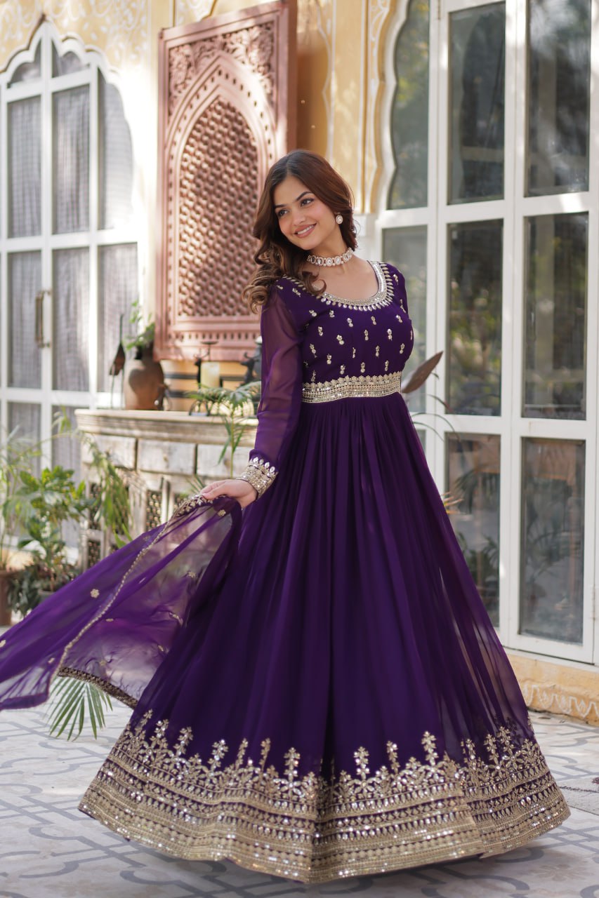 Demanding Purple Color Faux Blooming With Embroidery Zari Sequins Work Designer Gown