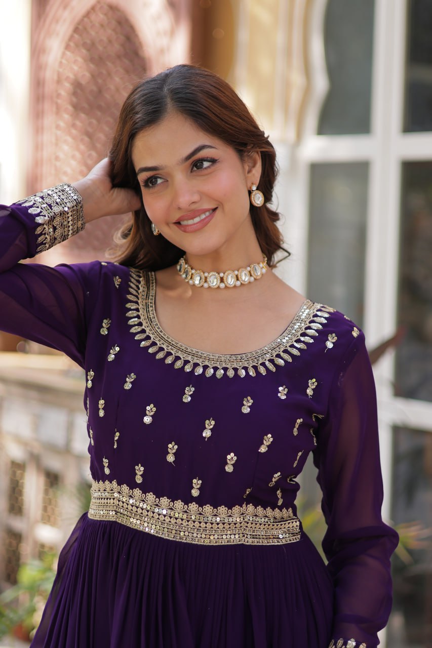 Demanding Purple Color Faux Blooming With Embroidery Zari Sequins Work Designer Gown