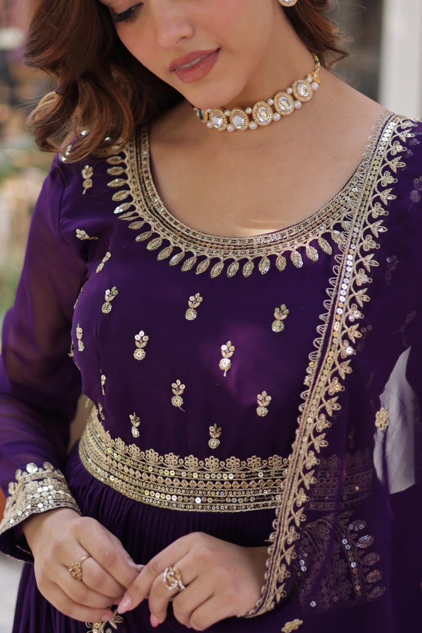 Demanding Purple Color Faux Blooming With Embroidery Zari Sequins Work Designer Gown