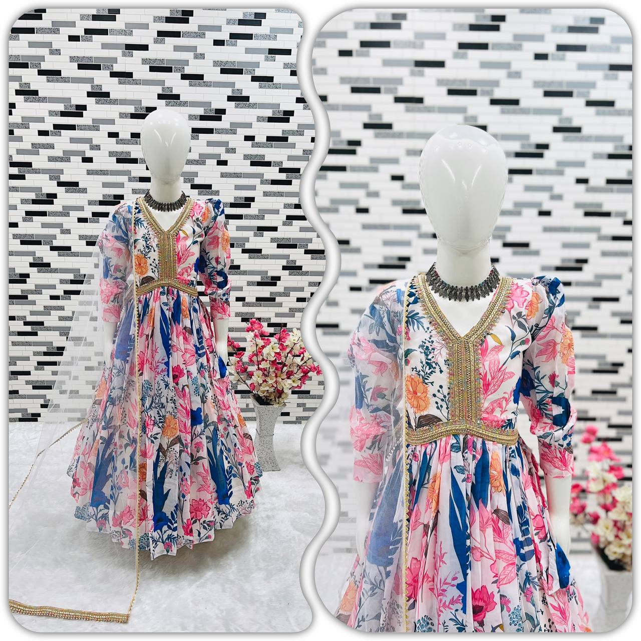Designer Multicolor Digital Print Faux Georgette Gown with Dupatta