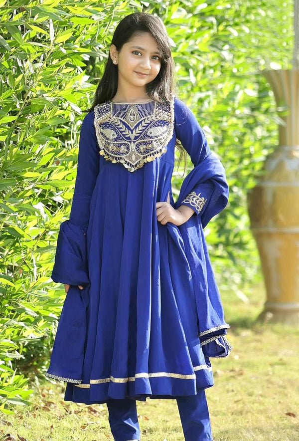 Designer Blue Color Embroidered Gown Set