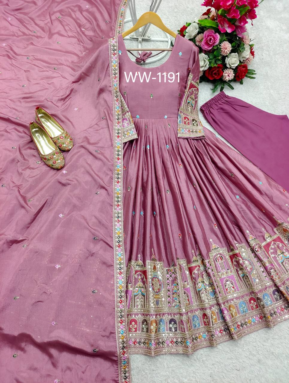 Bollywood Style Dusty Pink Color Pure Cinon Silk With Heavy Embroidery Sequence Work Anarkali Gown