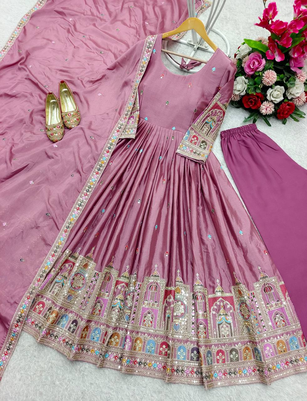 Bollywood Style Dusty Pink Color Pure Cinon Silk With Heavy Embroidery Sequence Work Anarkali Gown