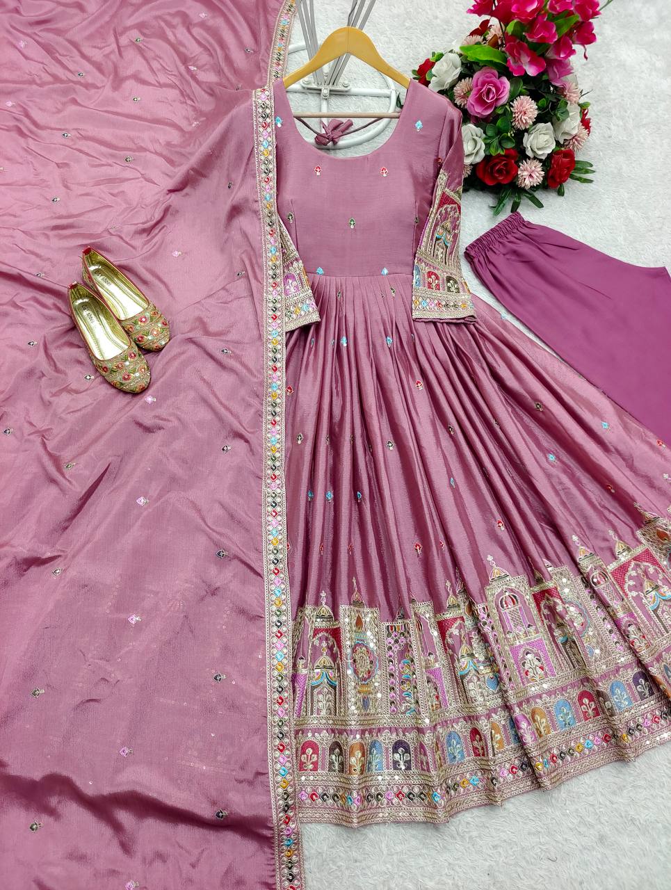 Bollywood Style Dusty Pink Color Pure Cinon Silk With Heavy Embroidery Sequence Work Anarkali Gown