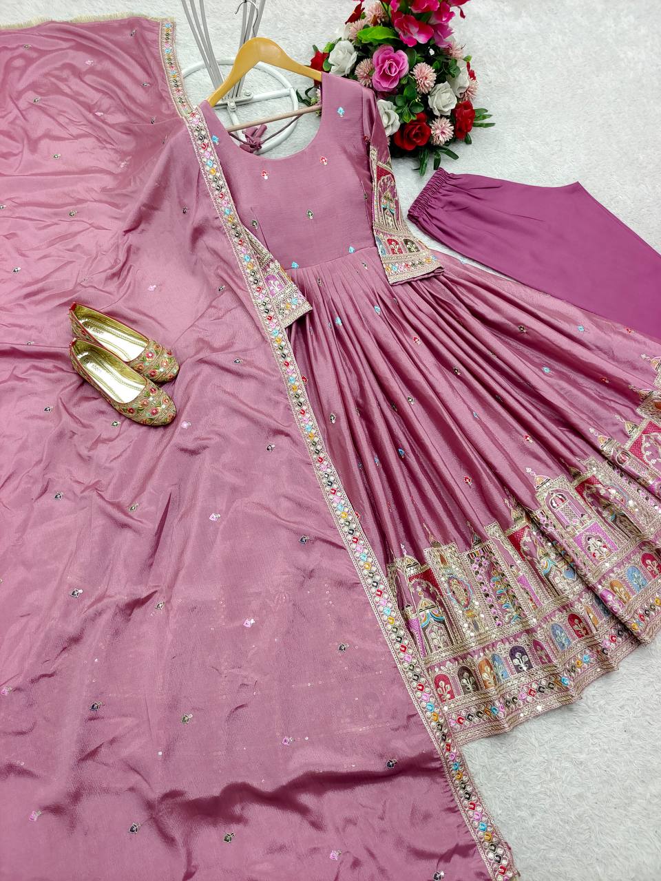 Bollywood Style Dusty Pink Color Pure Cinon Silk With Heavy Embroidery Sequence Work Anarkali Gown