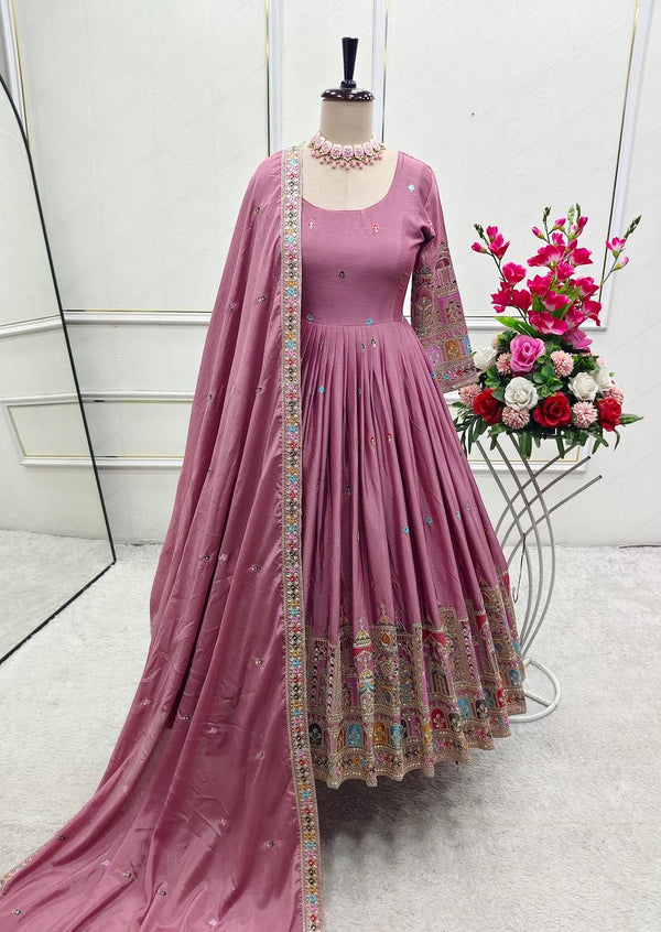 Bollywood Style Dusty Pink Color Pure Cinon Silk With Heavy Embroidery Sequence Work Anarkali Gown