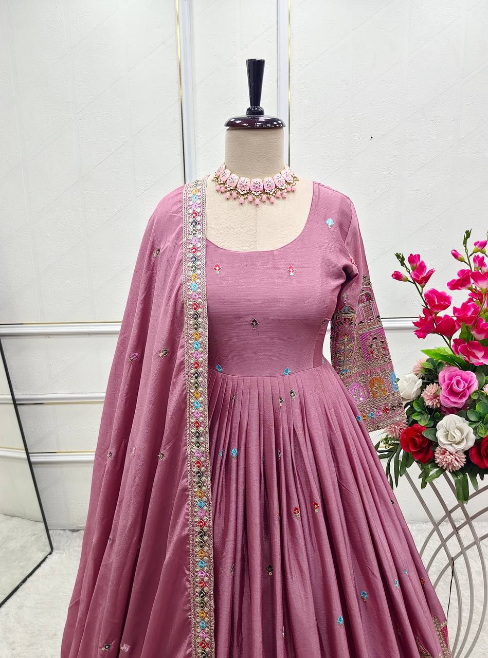 Bollywood Style Dusty Pink Color Pure Cinon Silk With Heavy Embroidery Sequence Work Anarkali Gown