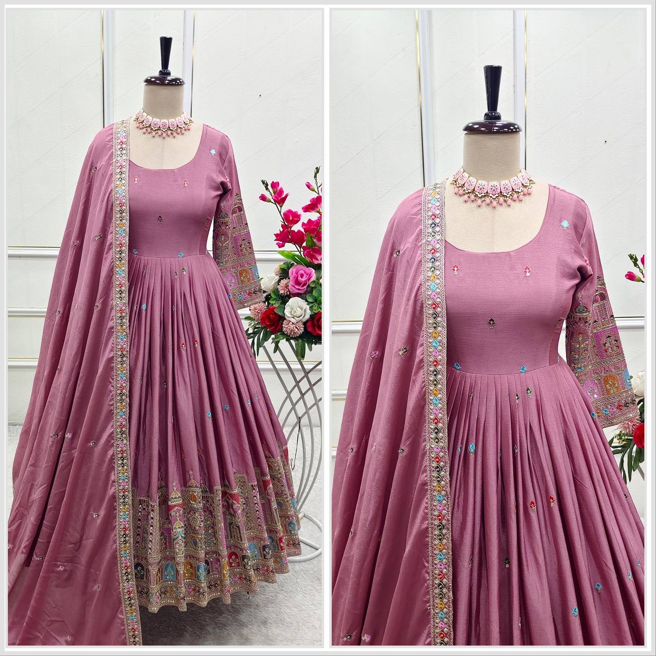 Bollywood Style Dusty Pink Color Pure Cinon Silk With Heavy Embroidery Sequence Work Anarkali Gown