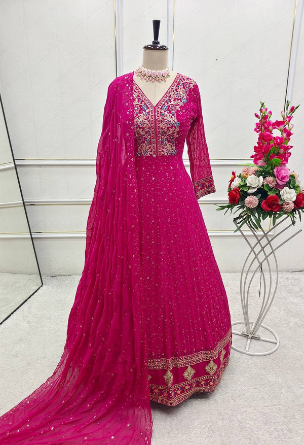 Designer Pink Color Pure Georgette With Heavy Embroidery Sequence Work Designer Gown
