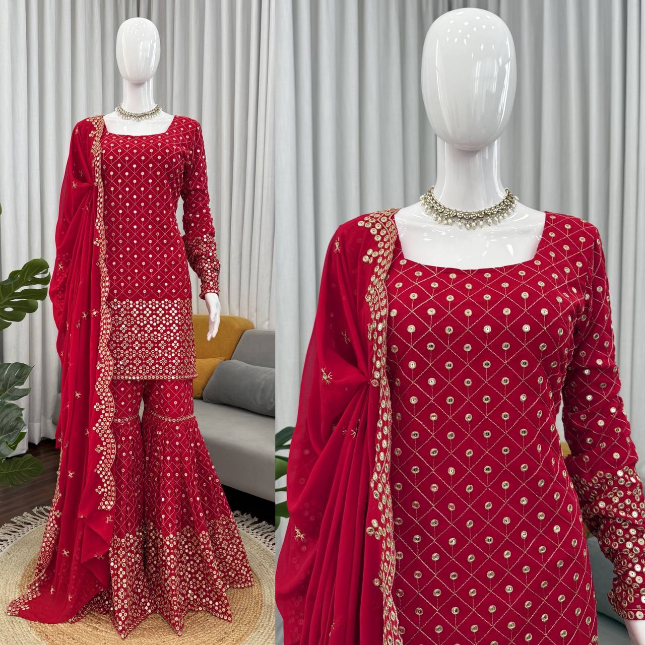 Ready To Wear Red Color Faux Georgette Sharara Set