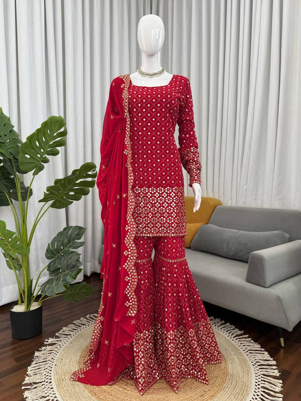 Ready To Wear Red Color Faux Georgette Sharara Set