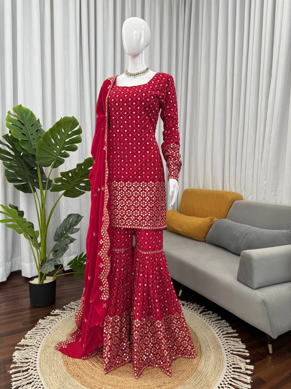 Ready To Wear Red Color Faux Georgette Sharara Set