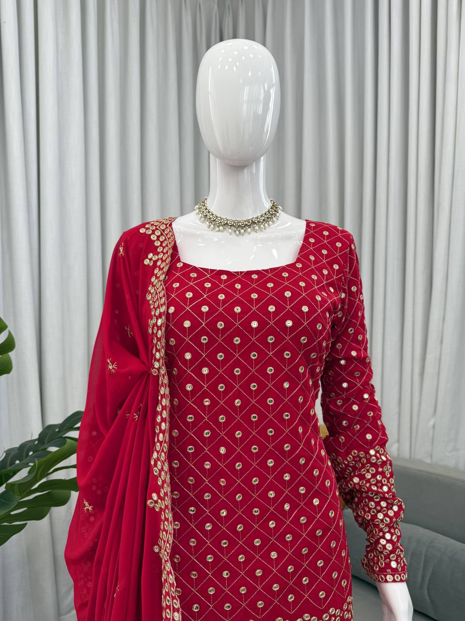 Ready To Wear Red Color Faux Georgette Sharara Set
