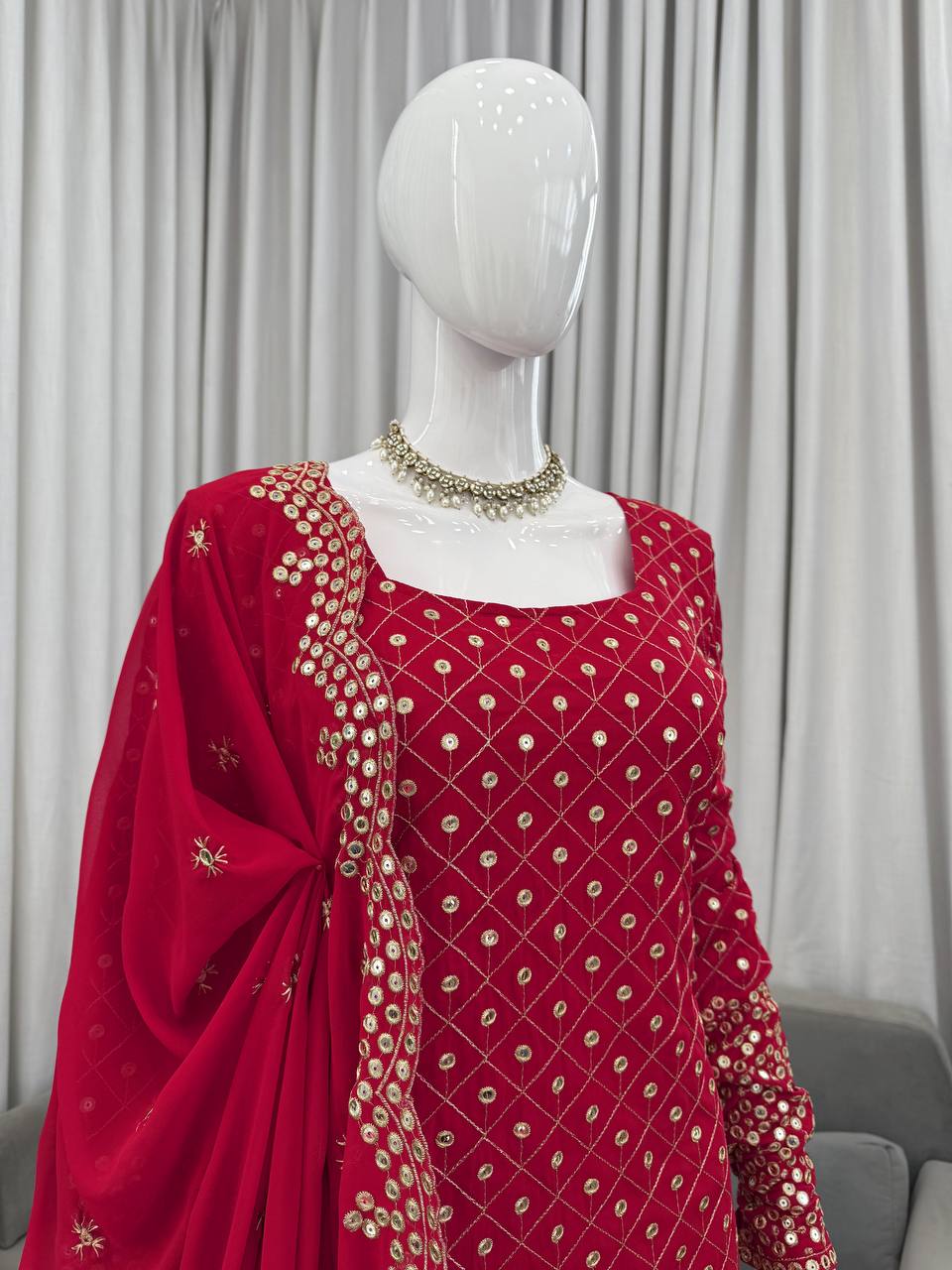 Ready To Wear Red Color Faux Georgette Sharara Set