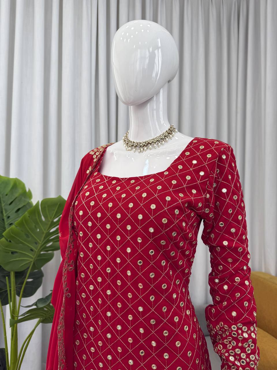 Ready To Wear Red Color Faux Georgette Sharara Set
