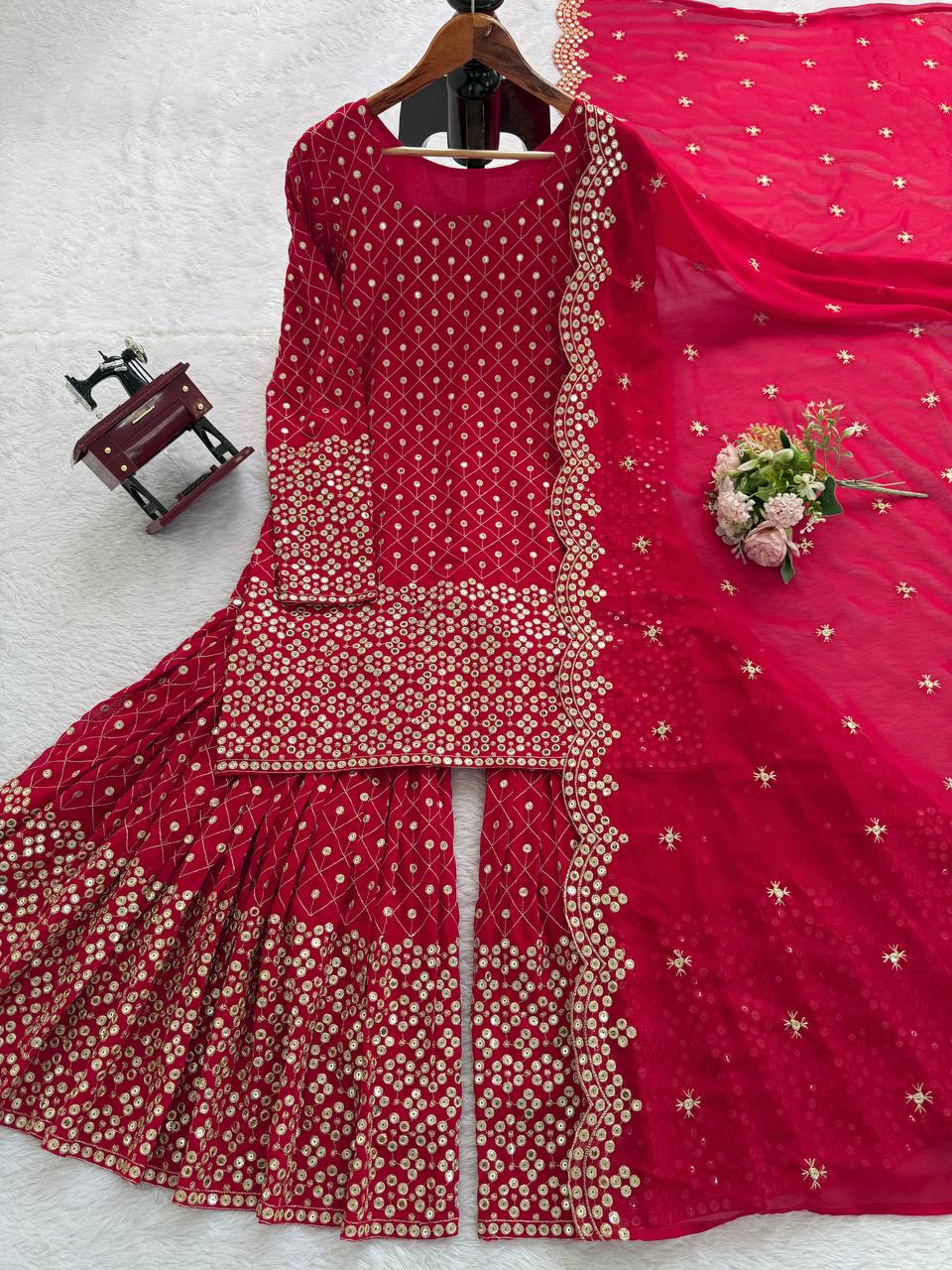 Ready To Wear Red Color Faux Georgette Sharara Set