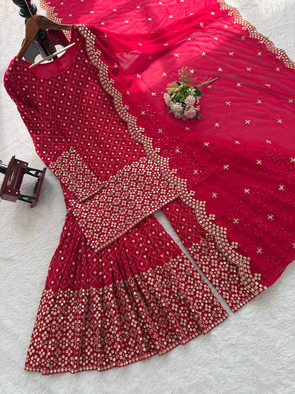 Ready To Wear Red Color Faux Georgette Sharara Set