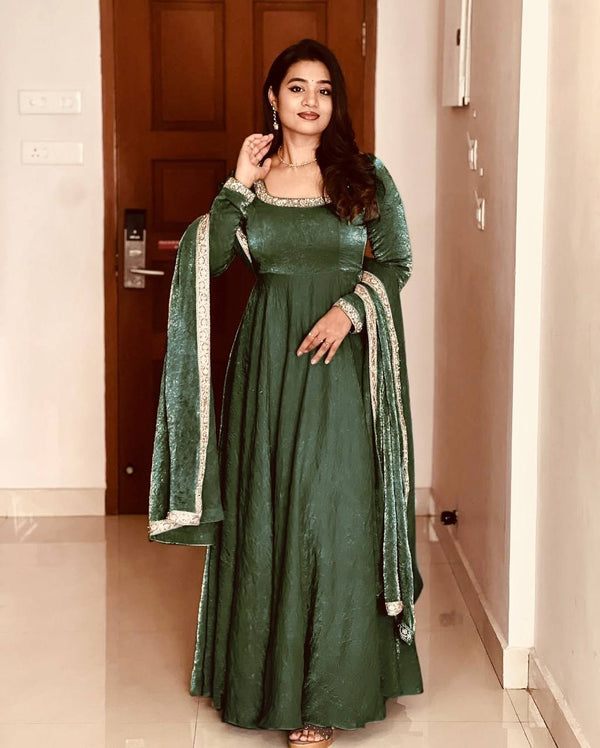 Wedding Wear Green Heavy Fandy Silk With Embroidery Sequence Work Designer Gown
