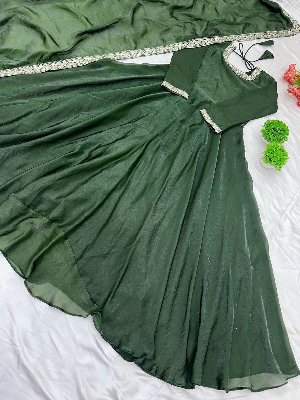 Wedding Wear Green Heavy Fandy Silk With Embroidery Sequence Work Designer Gown