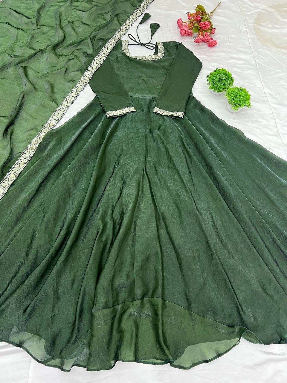 Wedding Wear Green Heavy Fandy Silk With Embroidery Sequence Work Designer Gown