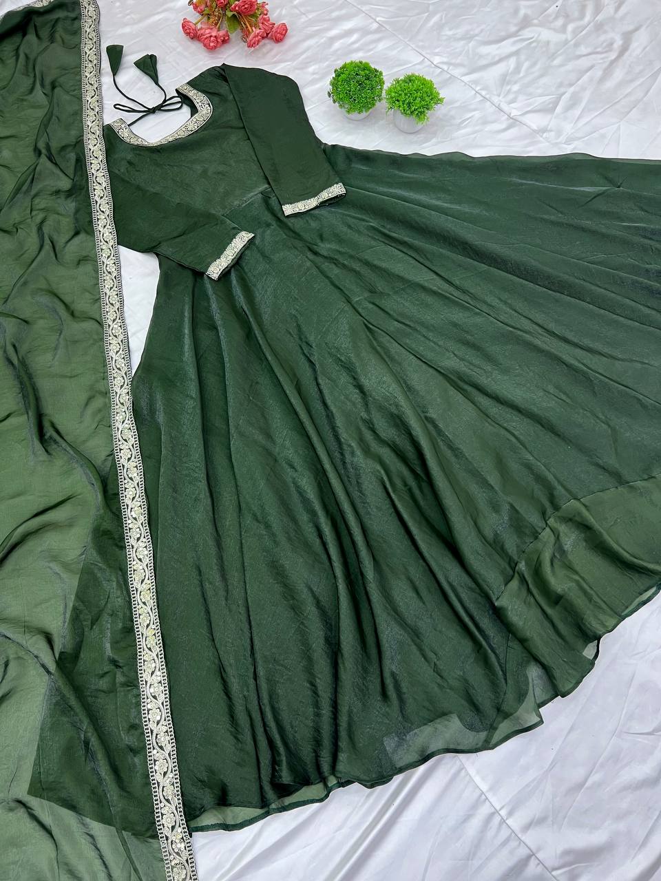 Wedding Wear Green Heavy Fandy Silk With Embroidery Sequence Work Designer Gown