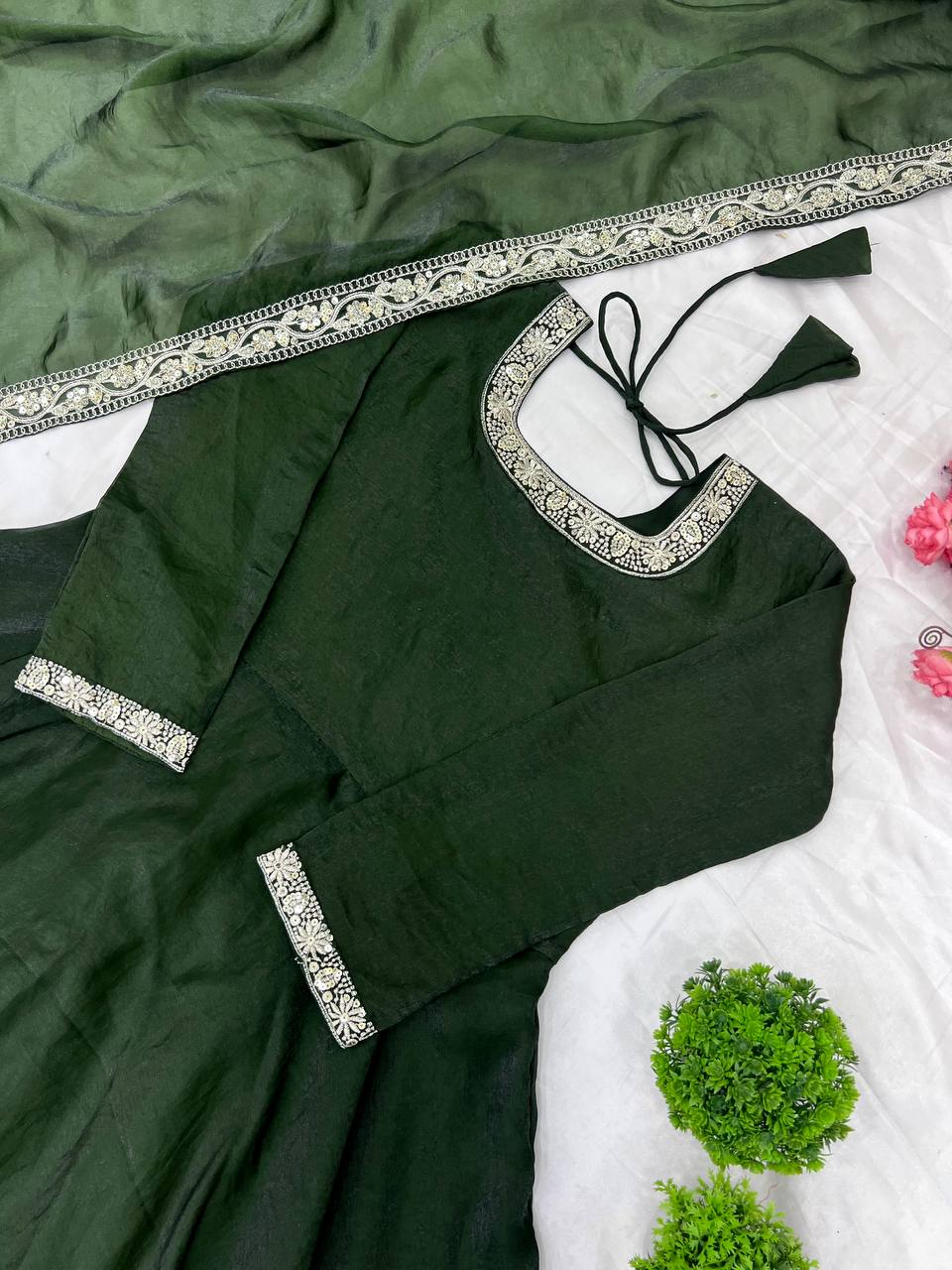 Wedding Wear Green Heavy Fandy Silk With Embroidery Sequence Work Designer Gown