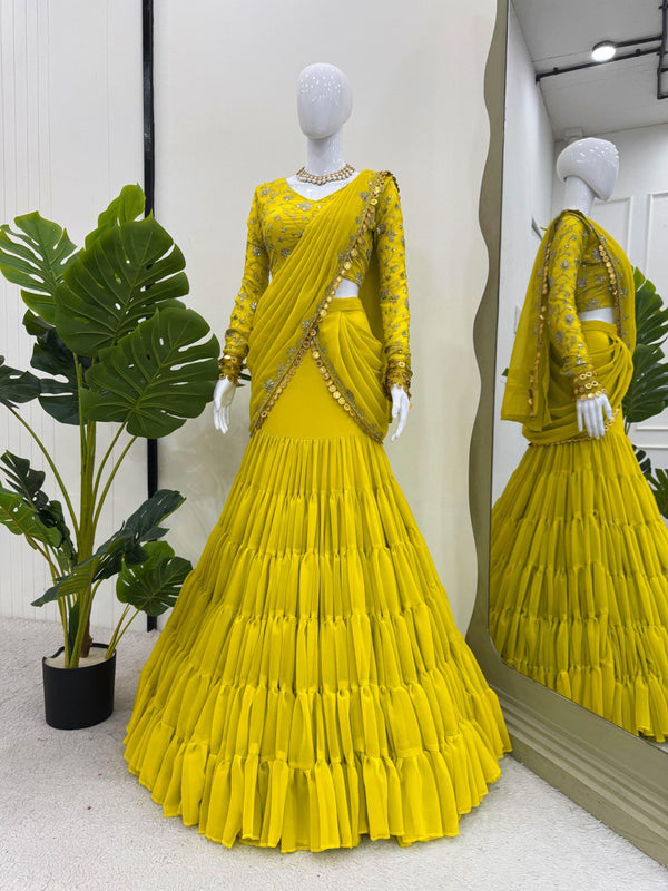 Stunning Lemon Color Faux Georgette And Thread With Sequence Work Ready Wear Lehenga Saree