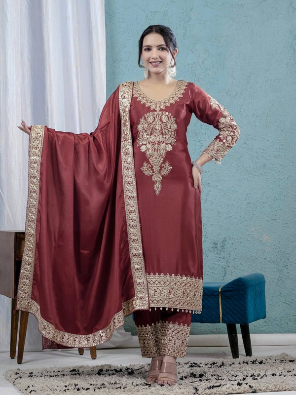 Party Wear Brown Color Pure Chinon Silk With Heavy Embroidery Coding Sequence Work Salwar Suit