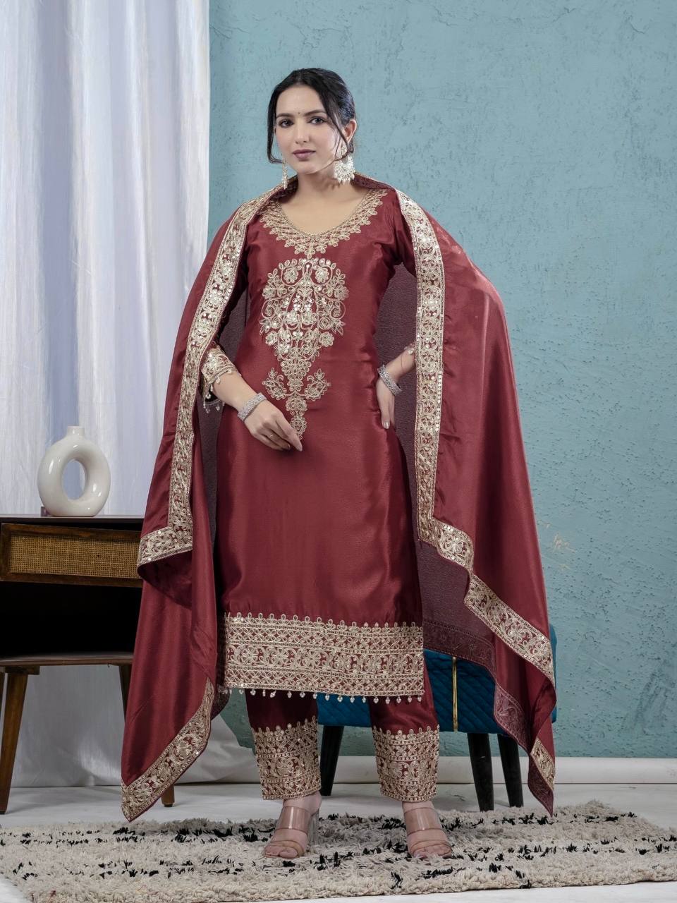 Party Wear Brown Color Pure Chinon Silk With Heavy Embroidery Coding Sequence Work Salwar Suit