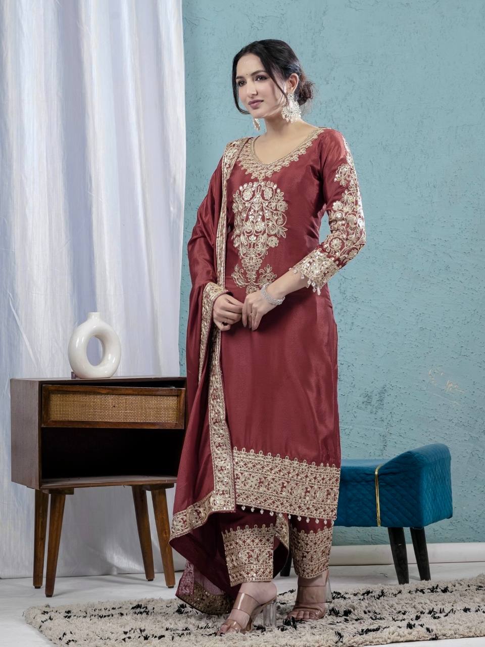Party Wear Brown Color Pure Chinon Silk With Heavy Embroidery Coding Sequence Work Salwar Suit