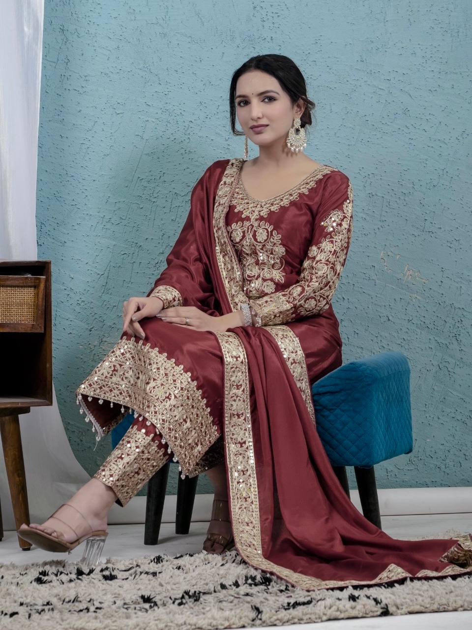 Party Wear Brown Color Pure Chinon Silk With Heavy Embroidery Coding Sequence Work Salwar Suit