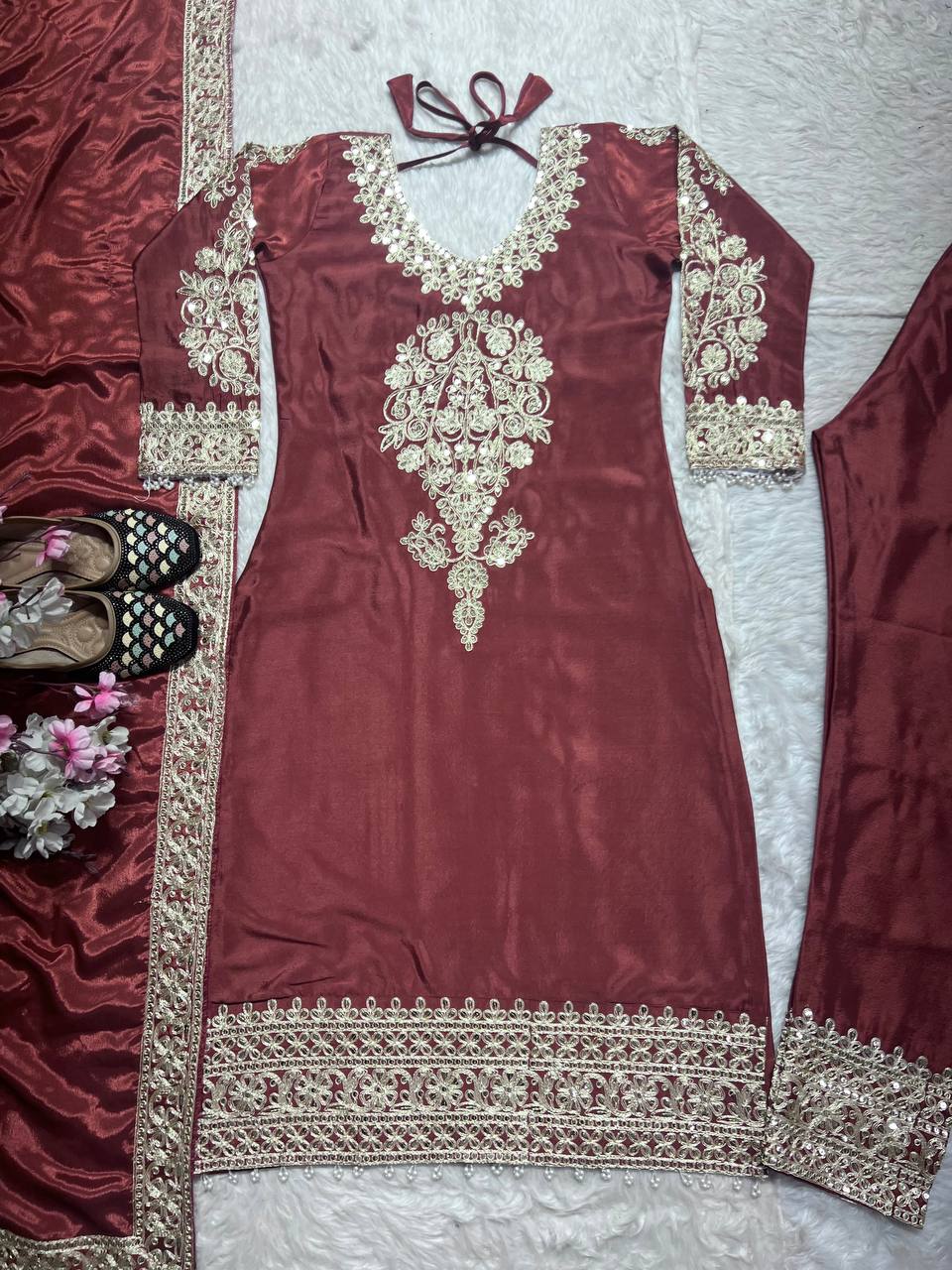 Party Wear Brown Color Pure Chinon Silk With Heavy Embroidery Coding Sequence Work Salwar Suit