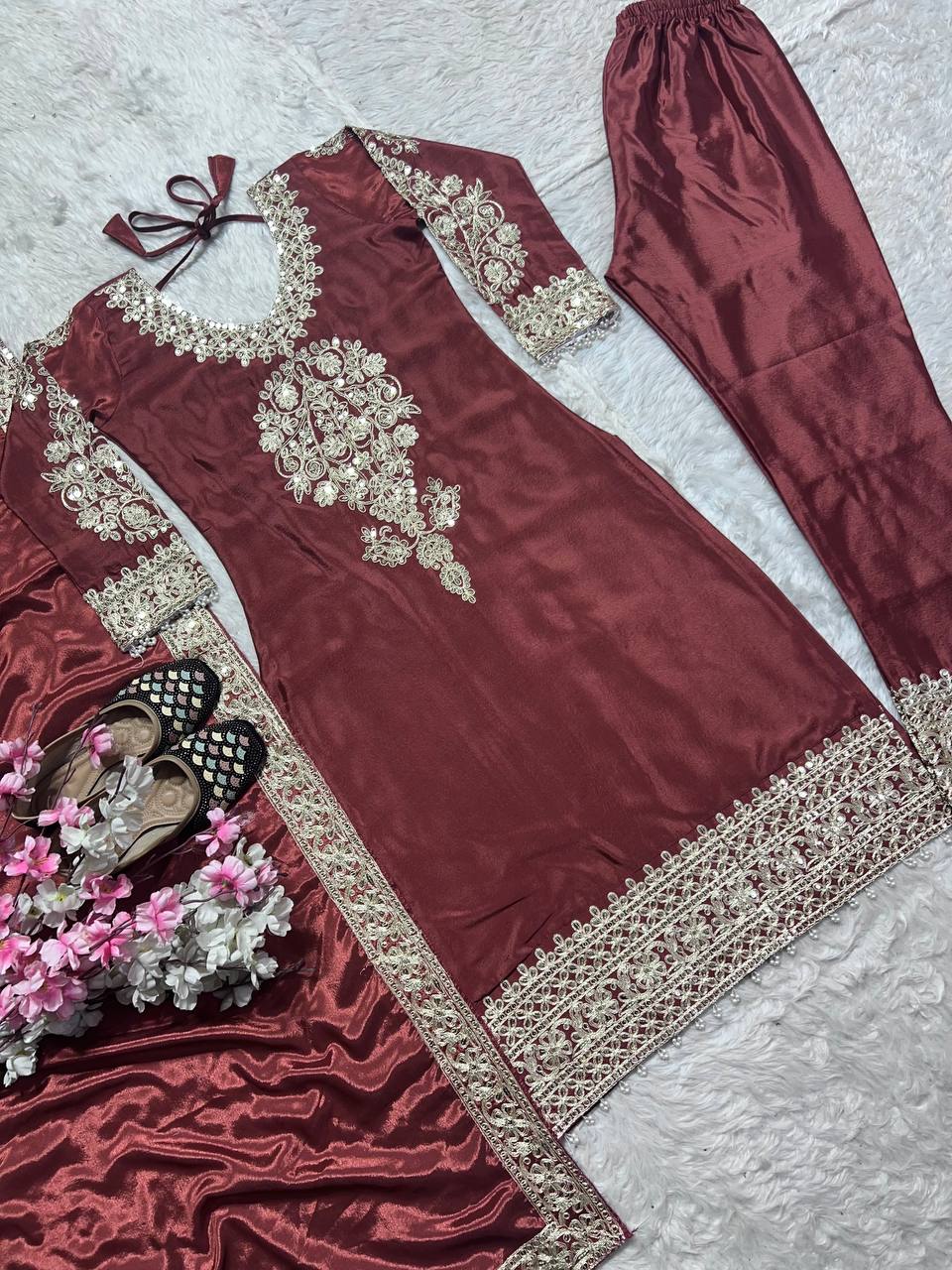 Party Wear Brown Color Pure Chinon Silk With Heavy Embroidery Coding Sequence Work Salwar Suit